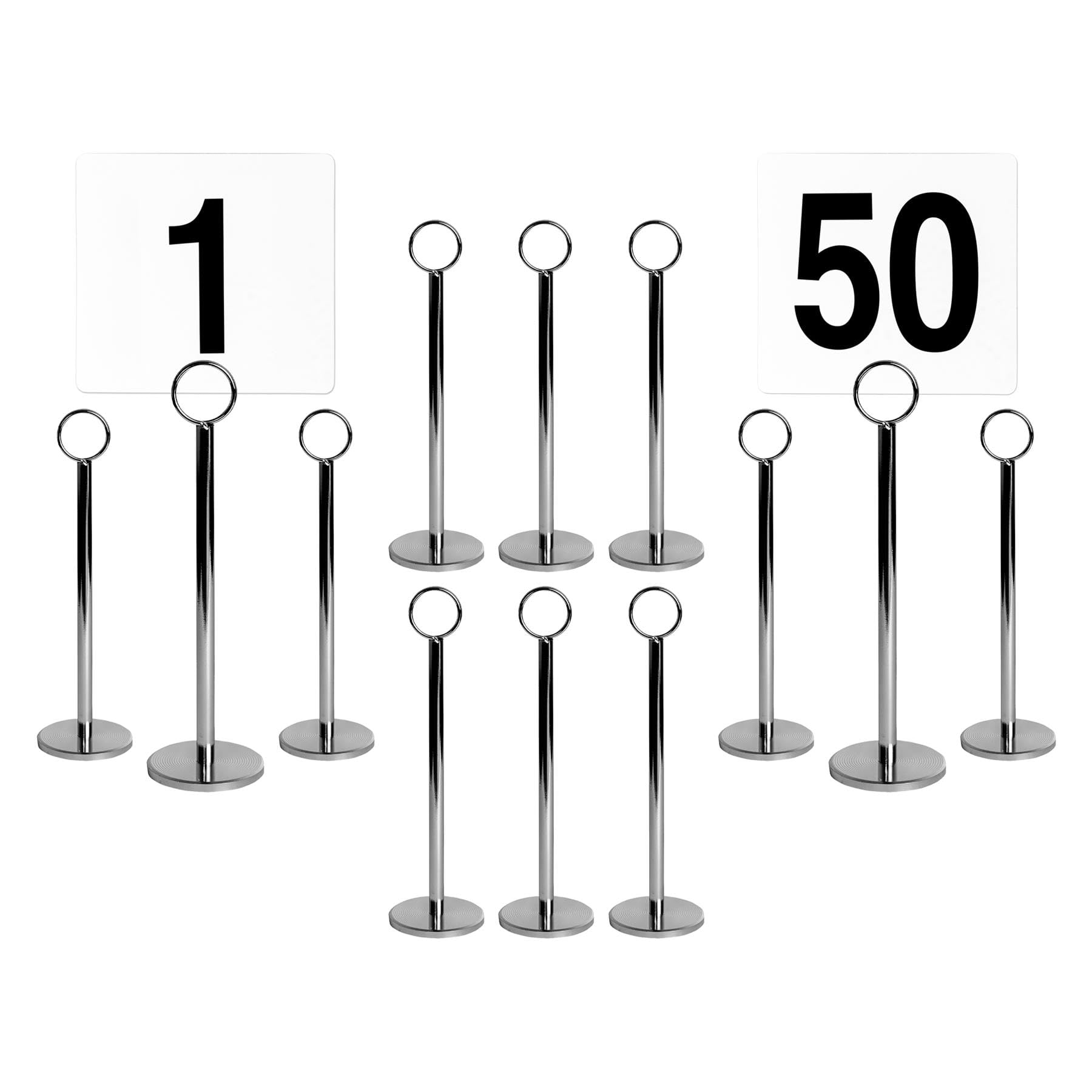 Argon Tableware 50 x Silberne Tischnummern mit 20 cm Haltern – Tischkarten-Schilderständer-Set für Hochzeiten, Namensanzeige für Fotomenüs, Party-Dekoration aus Metall