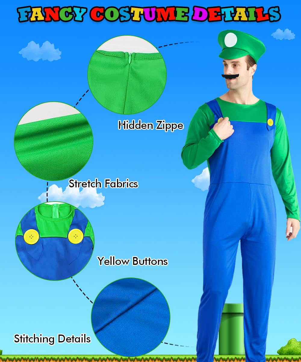 YYDSXK Super Bros Costume Bambino Adulto, Costumi Carnevale, Costumi Cosplay Classico Super Bros per Ragazzo con Cappello, Guanti per Bambino Compleanno Natale Halloween Carnevale Cosplay Vestito