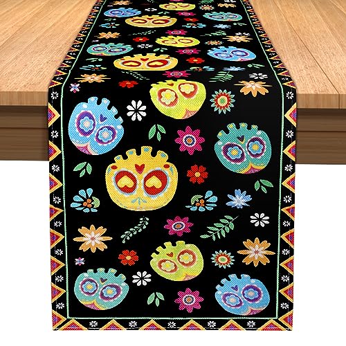BOXOB Day of The Dead Table Runner, Dia de Los Muertos Mexican Style Table Cover, Table Cloth for Sugar Skull, Altar Decorations for Day of The Dead Party, Halloween - Cosy Home Interiors BOXOB Day of The Dead Table Runner, Dia de Los Muertos Mexican Style Table Cover, Table Cloth for Sugar Skull, Altar Decorations for Day of The Dead Party, Halloween