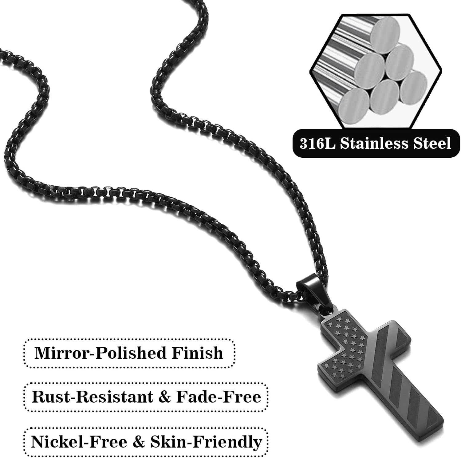 18+2 Inch Stainless Steel Cross Necklace Black American Flag Pendant – Bible Verse Christian Religious Necklaces Jewelry - Birthday Baptism Valentine Military Gift for Teens Grandson Son - Image 5