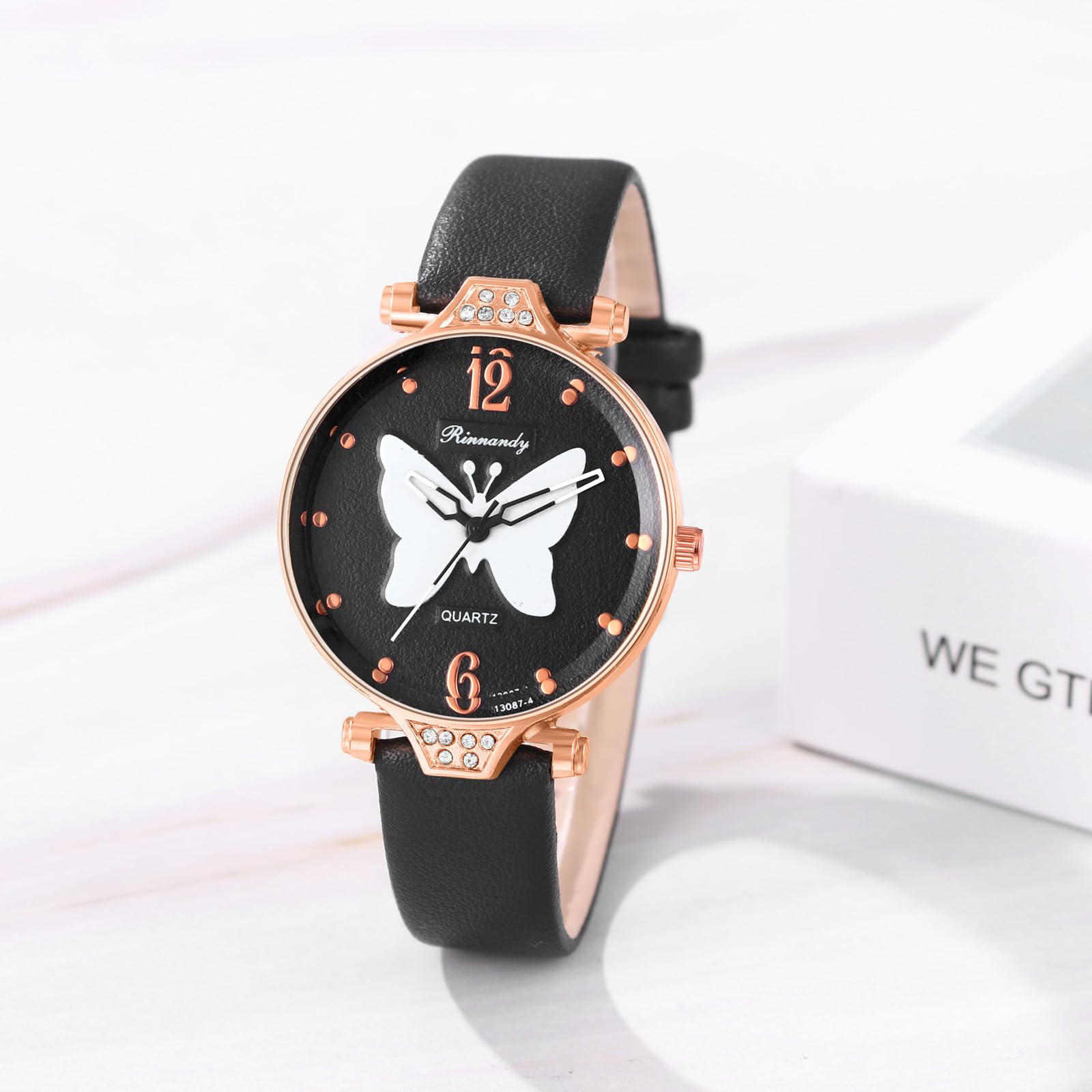 JewelryWe Damski zegarek skórzany zegarek damski: 5 sztuk Preppy Boho motyl stras analogowy kwarcowy zegarek na rękę skórzany zegarek na rękę luźny zegarek dla kobiet i dziewcząt, zestaw 5-cz.
