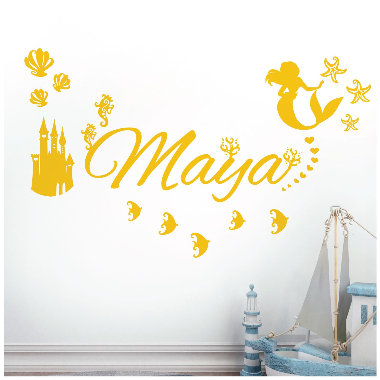 Personalised Name - Little Mermaid Inspired, Ocean, Castle, Starfish - Children's Bedroom Vinyl Wall Decal Sticker [Large] [Sunflower] — image 1