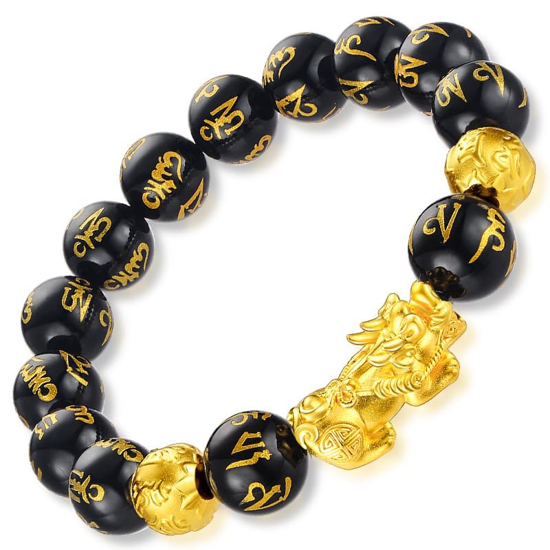 Feng Shui Obsidian Bracelet - 24k Gold Plated Pixiu Bracelet Dragon Protection for Men Women, 12mm Mantra Prayer Beads Bracelets Meaning to Attract Wealth and Good Luck2