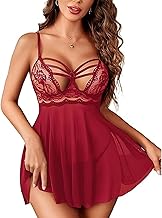 Women Black Lace Babydoll Lingerie Nightwear Set | Transparent Mesh Sleepwear for Women | Night Dress with Adjustable Straps & Lace | Honeymoon & Valentine Gift