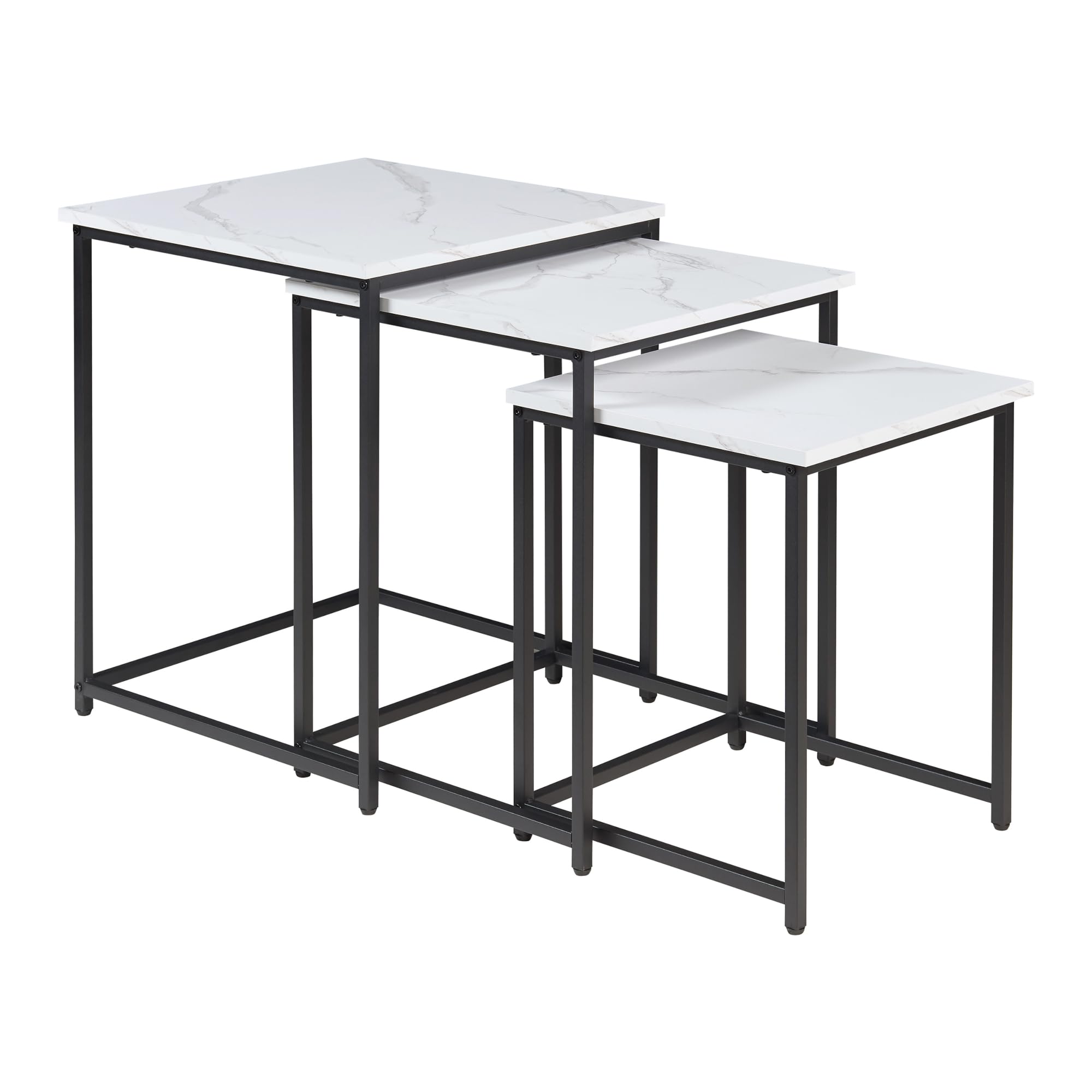 [en.casa] Set di 3 Tavolini Sovrapponibili con Piani Quadrati in Effetto Marmo Bianco Tavoli Bassi Salvaspazio Telaio Nero per Salotto Soggiorno Ingresso in Misure Diverse
