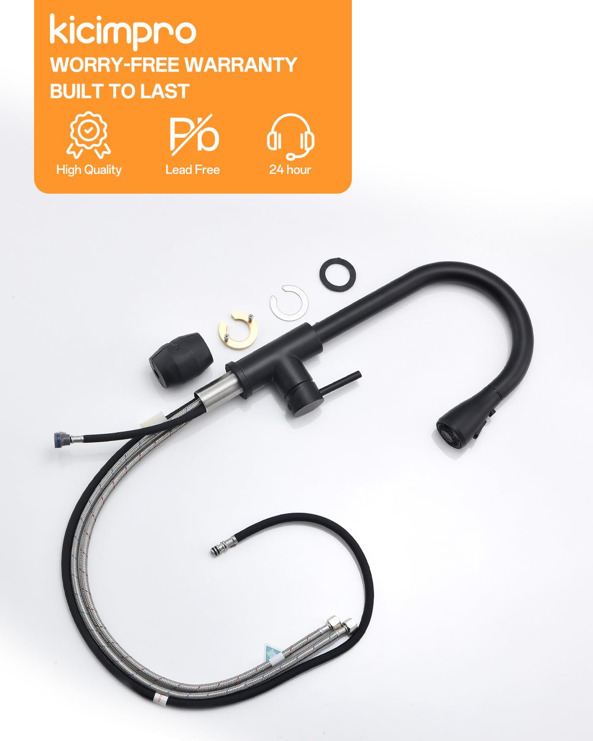 Kicimpro Matte Black Kitchen Faucet with Pull Down Sprayer, 304 Stainless Steel, 23-Inch Extended Hose Design, Three Water Functional Ways, Easy Installation