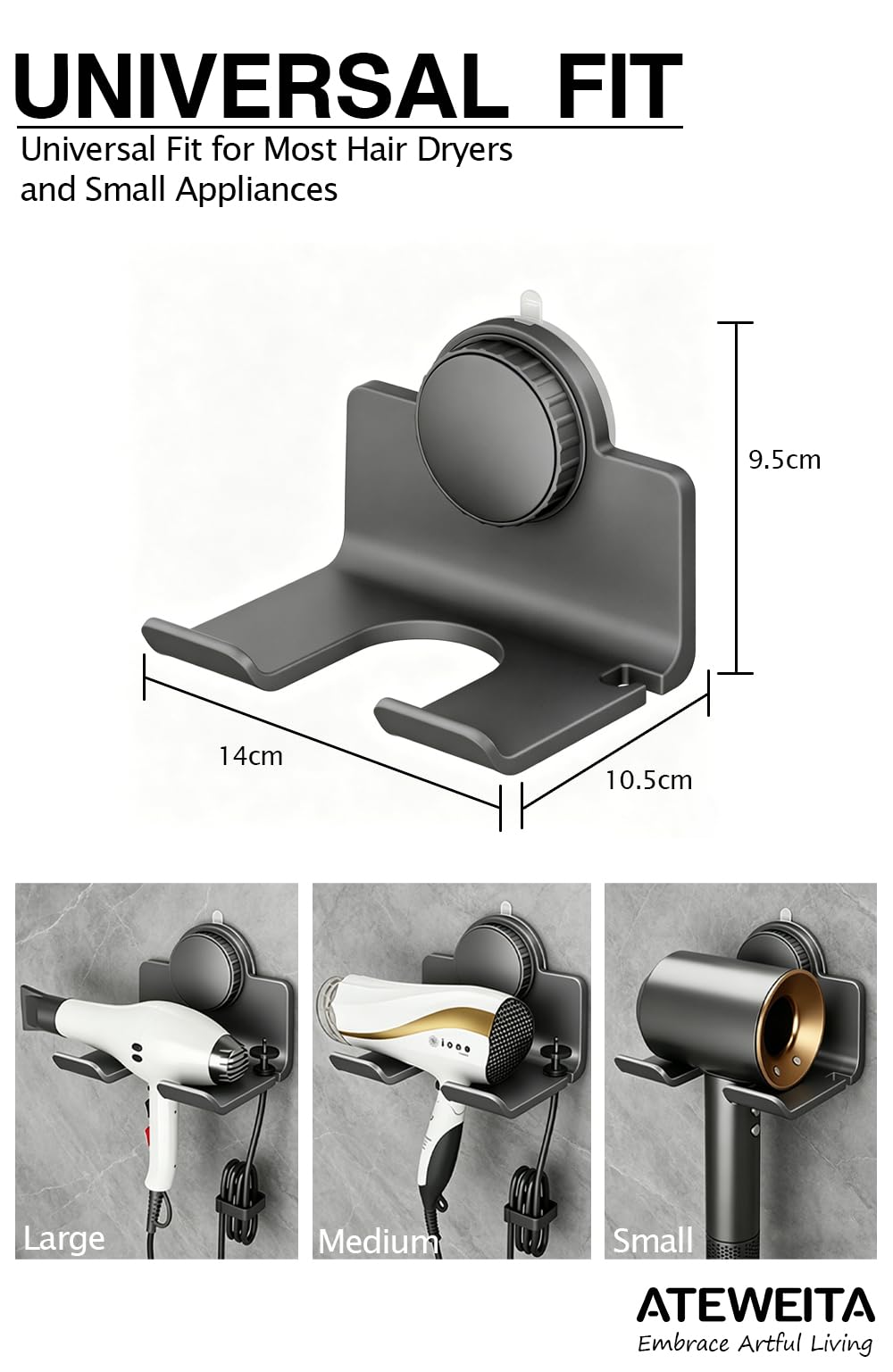 Saugnapf Föhn Halterung ohne Bohren | Fönhalter für Badezimmer, verstellbare Haartrocknerhalter mit starkem Halt für Mieter, Universeller Hair Dryer Holder