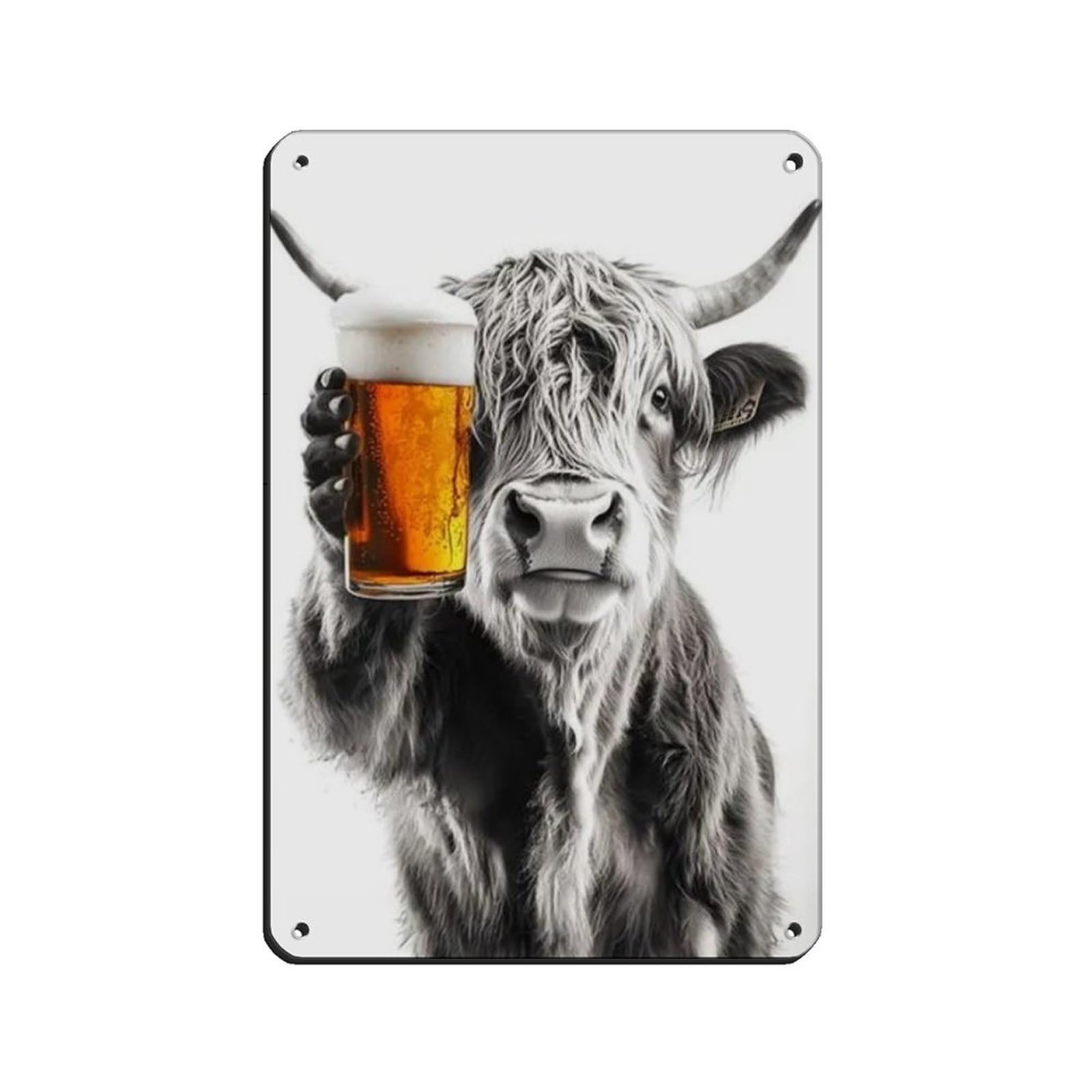 Bncedjk Style Highland Cow Drinking Beer, Tin Sign Vintage Metal Pub Club Cafe Bar Home Wall Art Decoration Poster Retro 8X12inch(20X30cm)