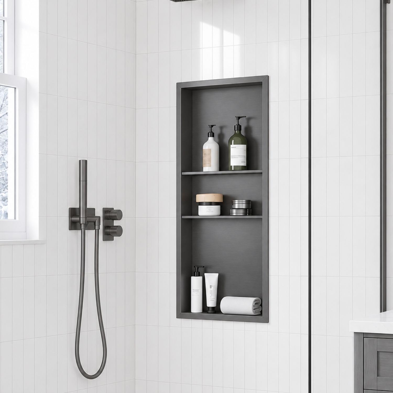 40 x 16 Inch Stainless Steel Shower Niche, No Tile Needed Wall Niche with 3- Tier Shelves, Recessed Wall Niche Insert for Bathroom Shower Kitchen Storage, Gun Gray