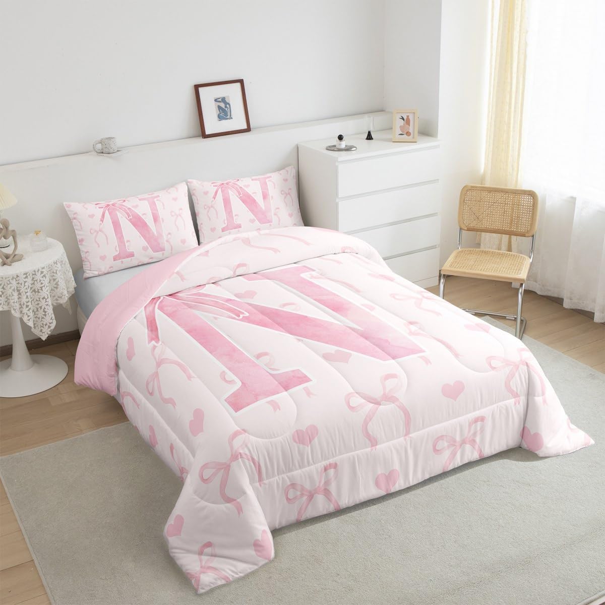 Erosebridal Initial Alphabet A-Z Comforter Set Twin Size for Women Teen Girls Pink N Letter Bedding Set Girly Bowknot Comforter Love Hearts Room Decor Aesthetic Warm Fairy Duvet Quilt