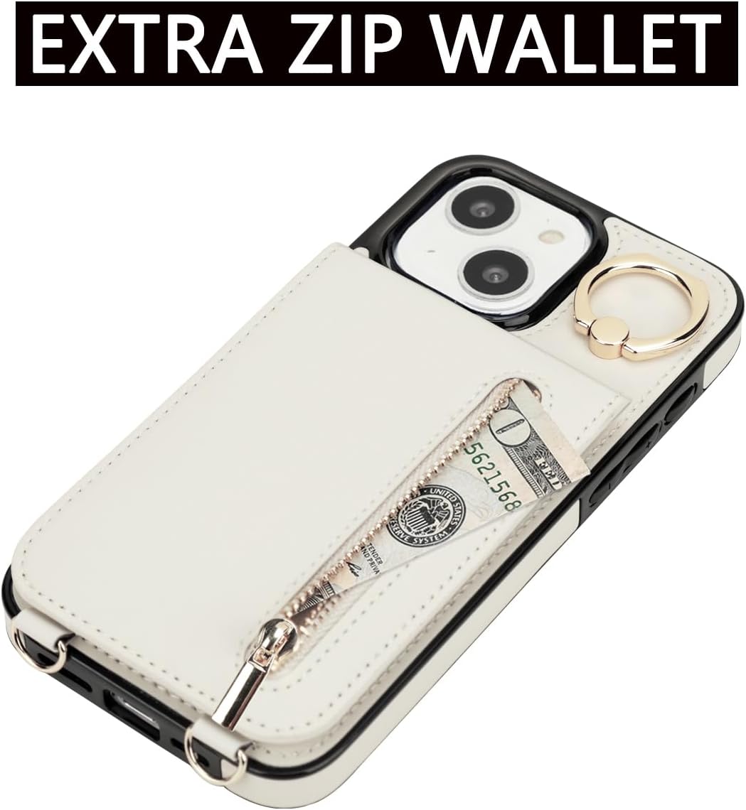 uCOLOR for iPhone 13/14/15 Wallet Case with Card Holders for Women, Crossbody Zipper Protective Leather Case with Strap Wrist Ring RFID Protective 6.1" (Beige, iPhone 13/14/15 6.1") - Image 6