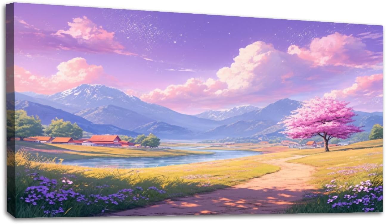24"x 48" Canvas Wall Art Hot Air Balloons Mountain Valley Sunset Glowing River Village Framed Pictures Painting Prints Large Wall Art for Living Room Bedroom Abstract Home Wall Decor Artwork