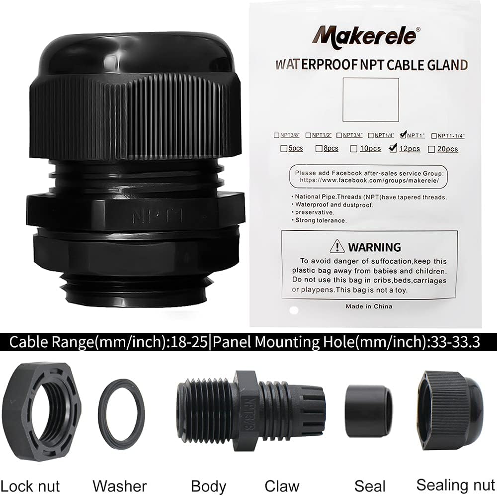 MAKERELE NPT 1”Cable Glands Wire Gland Connector Waterproof Adjustable with Gaskets