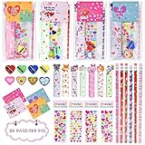 Quimoy 28 Pack Valentines Day Gift for Kids Classroom,Stationery Gift Set with Valentines Cards Pencils Erasers Stickers Pencil Sharpener Ruler,Valentines Day Party Exchange Gifts for Boys Girls,School Classmates Goodie Bags