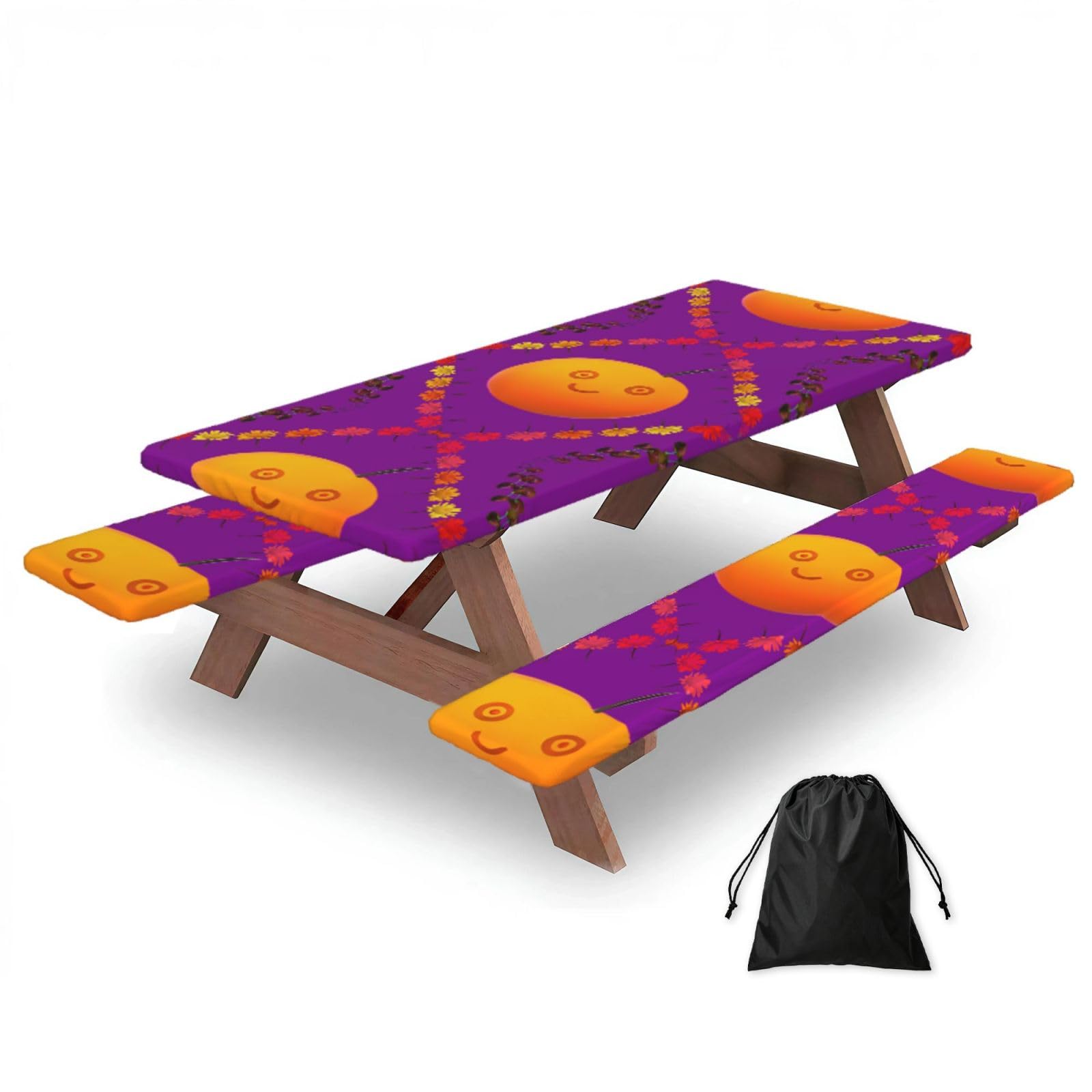 Hhbiuuo Black 72In Camping Table Cover & Bench Covers 3-Pack Set, Smiley Orange Print Tablecloths, For Rectangle Tables Picnic