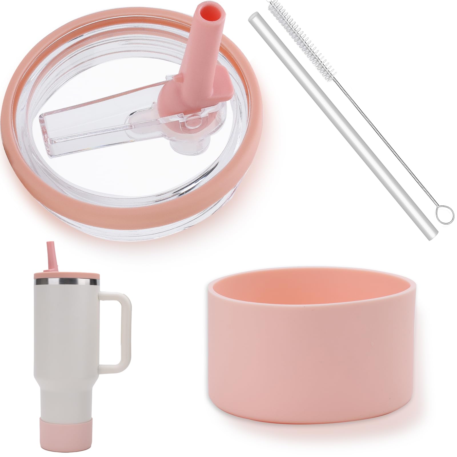 TUIORAN Stanley Cup Zubehörset, 1 Auslaufsicherer Ersatzdeckel + 1 Bodenschutz für Stanley 40oz Becher mit 1 Trinkhalmen and 1 Strohhalm Bürste, 1,18L Cup Zubehör (Rose Quartz)