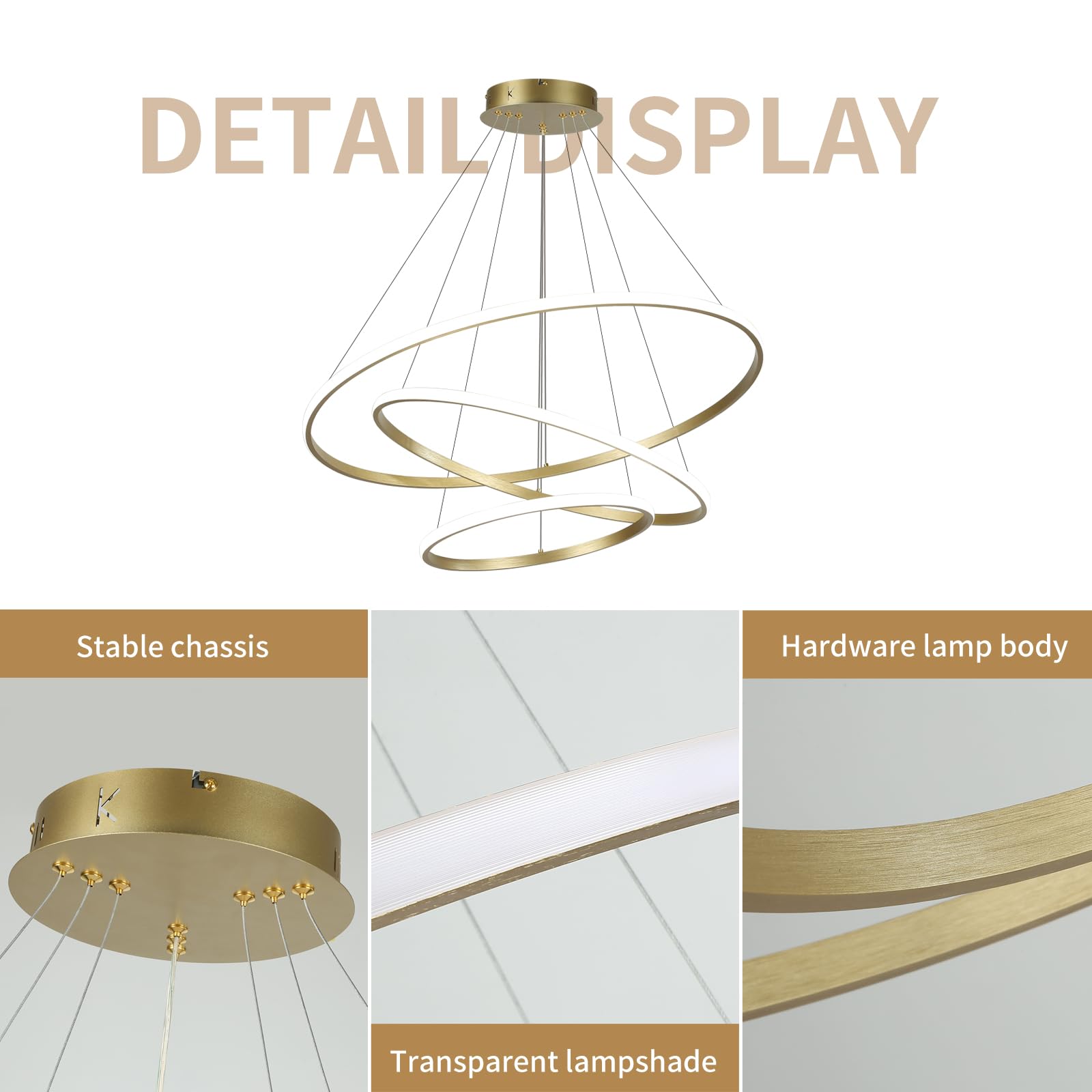 LED-Pendelleuchte, dimmbare Acryl-3-Ring-Pendelleuchte, moderne goldene Pendelleuchte, Esstisch für Kücheninsel, Esszimmer, Wohnzimmer, Schlafzimmer, Eingangshalle, hängend, 20+40+60 cm, 52 W