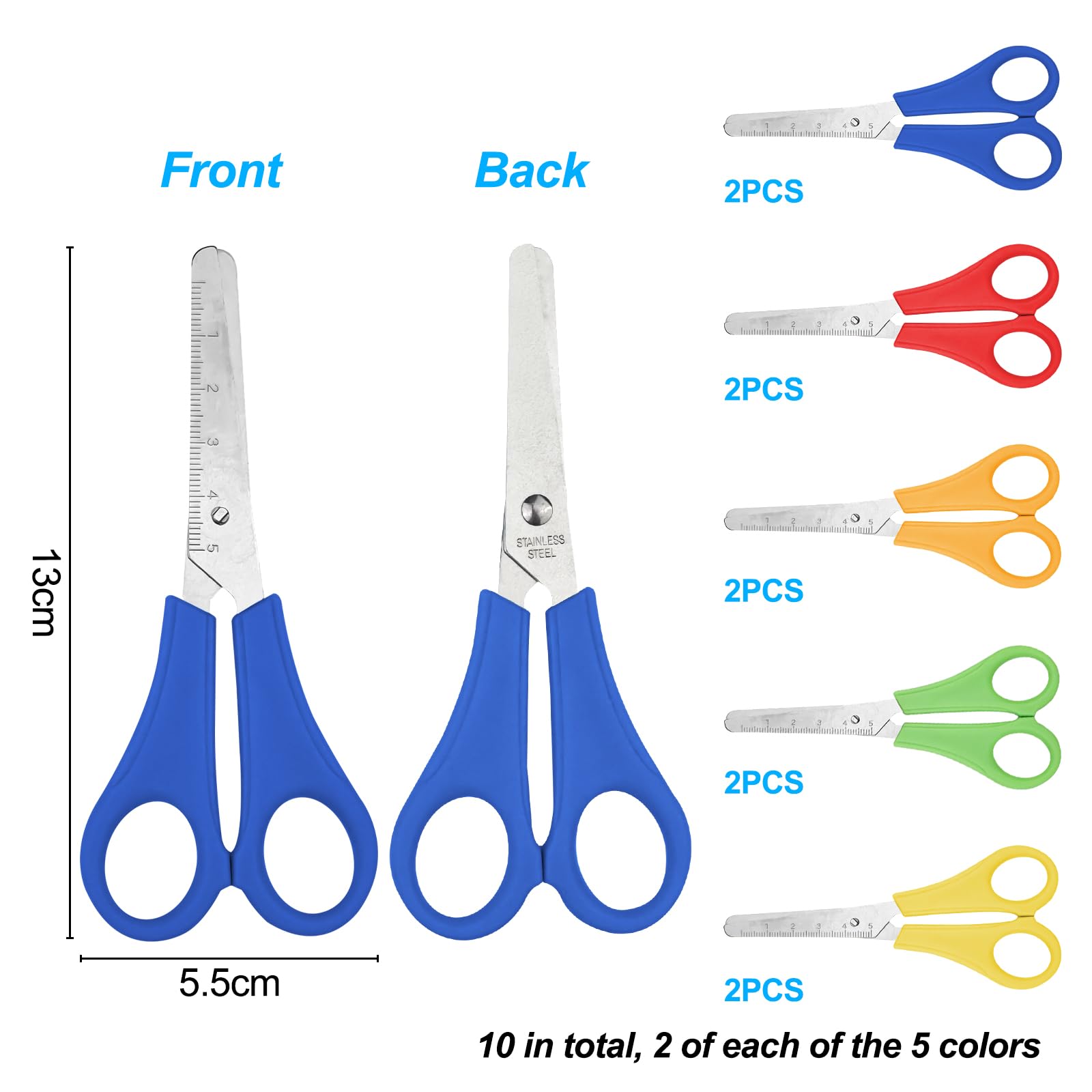 Newpop 10 Piezas Tijeras Escolares Punta Redonda, Tijeras Punta Roma Escolar, Scissors con Escala, Tijeras Niños para Aprender, Tijeras Manualidades, Tijeras Infantiles Colegio (13 cm, 5 Colores)