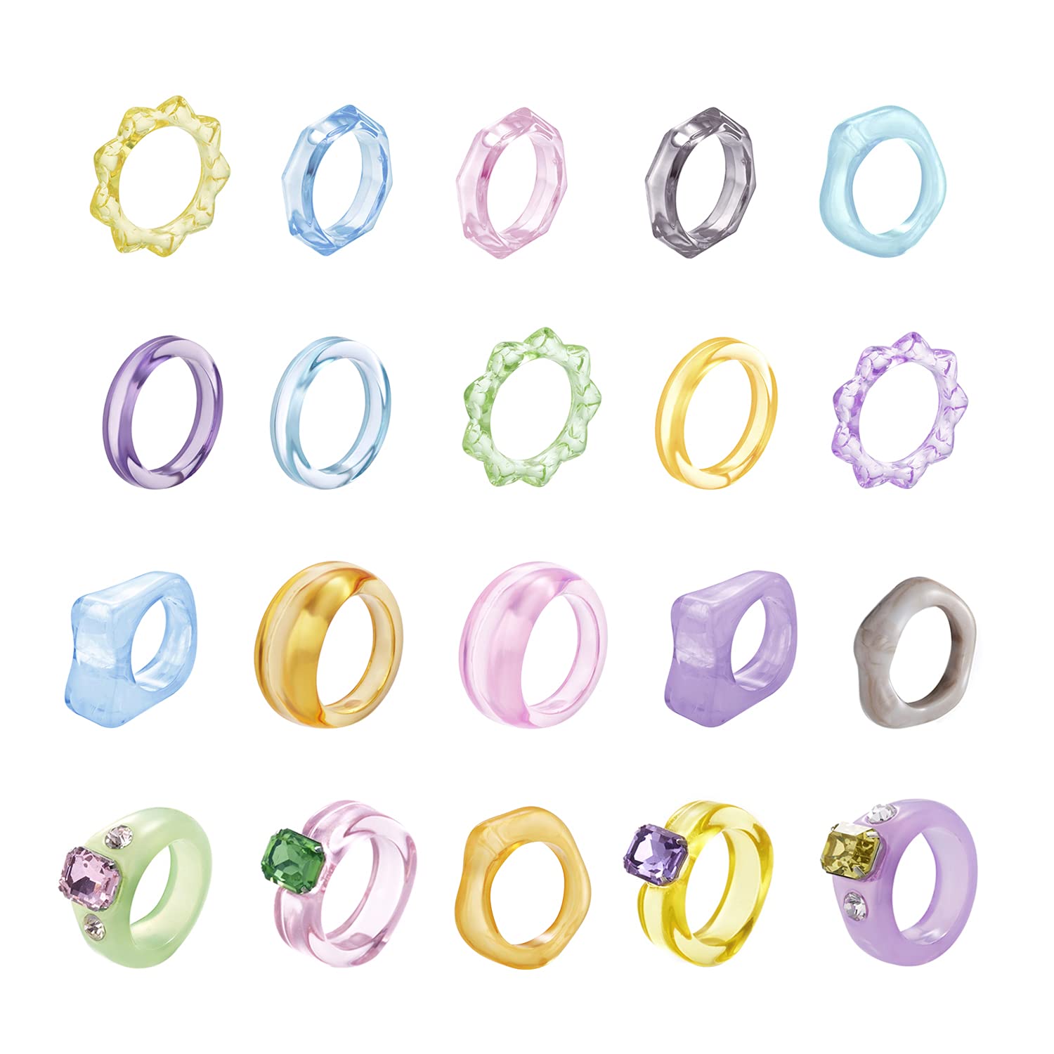 RINHOO FRIENDSHIP 6-15Pcs Chunky Rings Resin Acrylic Y2K Style Rings Trendy Plastic Finger Ring Set Colorful Gem Rings Jewelry Pack For Women (20Pcs mixed 2), Acrylic, Crystal