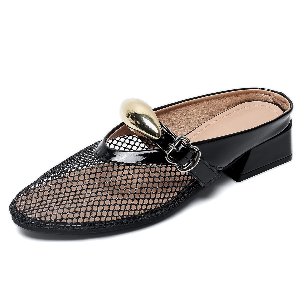 AHZEHRSE Mules for Women Chunky Heeled Sandals Fashion Mesh Mules Backless Buckle Strap Closed Toe Slip On Dress Shoes