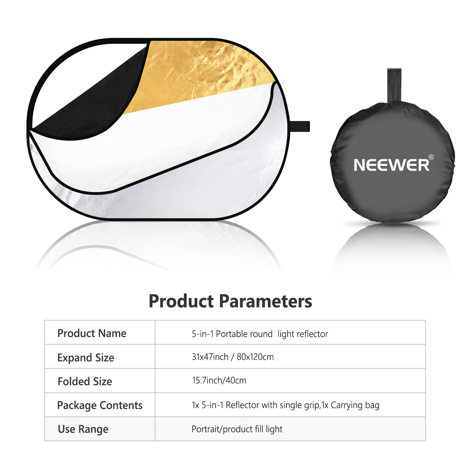 Neewer 5-in-1 - Riflettore professionale pieghevole multi disco ovale (80 x 120 cm) traslucido, argento, nero, oro e bianco