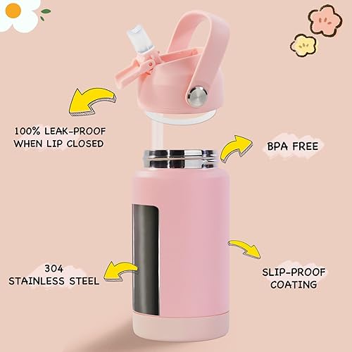 Miniatura 10 de Botella de agua aislada para niños de 12 onzas, vaso a prueba de fugas con tapas para pajitas, botellas de agua para niños y niñas, botella de acero