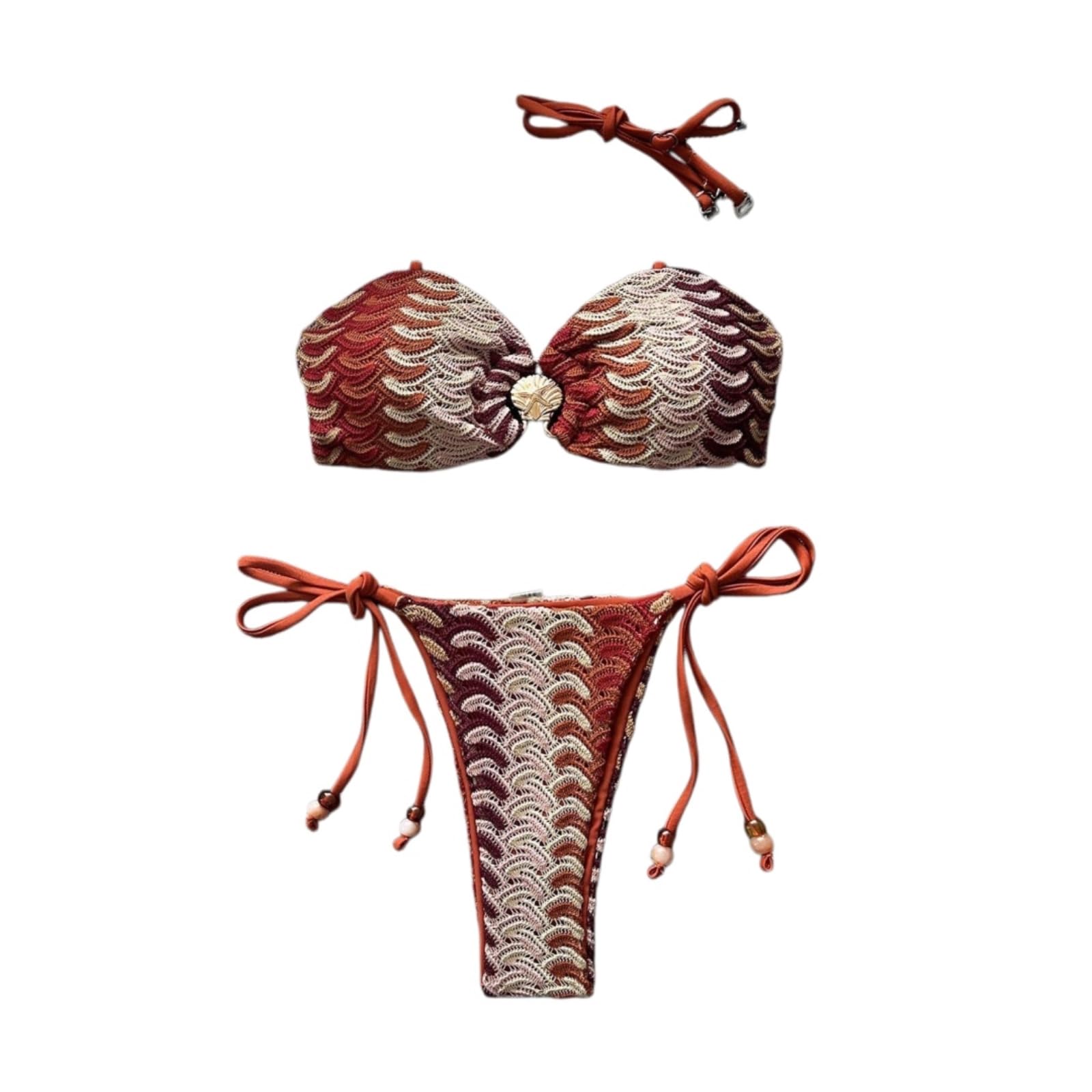 Bikini Mujer Mujeres Ganchillo Conjunto Ondulado Patrón Bandeau Parte Superior Corbata Tanga Traje De Baño-1-m