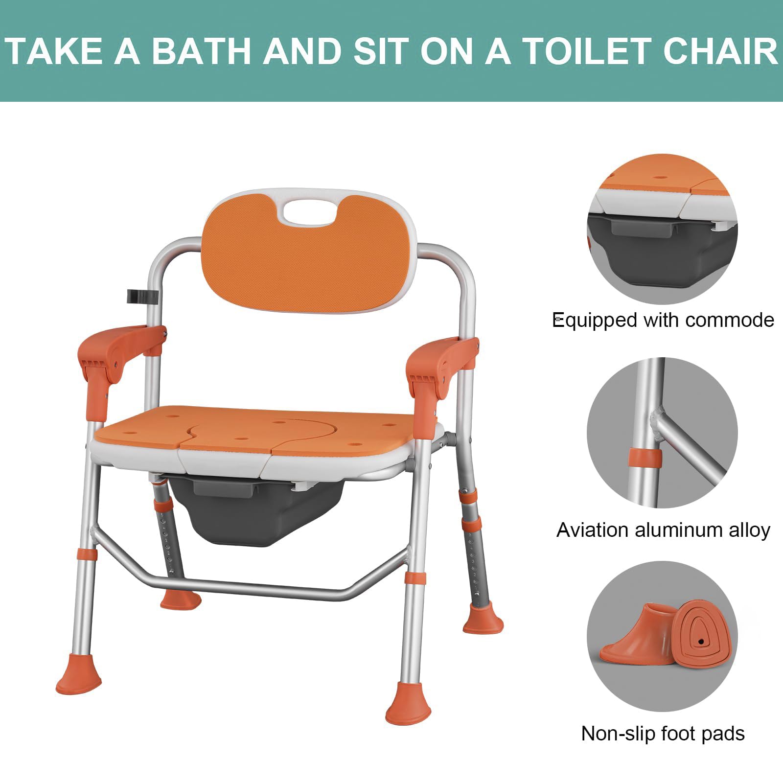 Sedia WC per anziani, pieghevole con braccioli e schienale, Fifth Gear, regolabile in altezza, rimovibile, allargamento, robusta sedia WC (arancione)