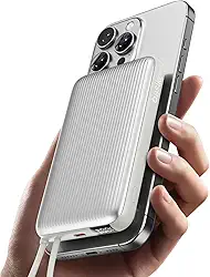 Basike Power Bank, 10000mAh Carregador Portátil Universal por Indução, 15W Carregamento Rápido, Tipo-C(1 Porta + Cabo Integrado, Saída até 22,5W Máx., Entrada 18W Máx.), Compatível com MagSafe – Prata