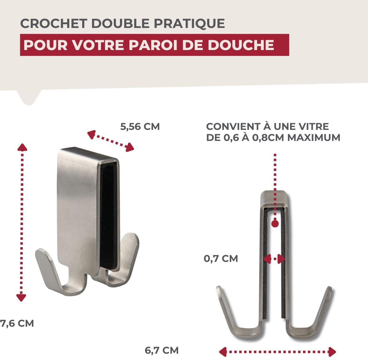 Diagram showing dimensions and compatible glass thickness for Fackelmann Double Hook
