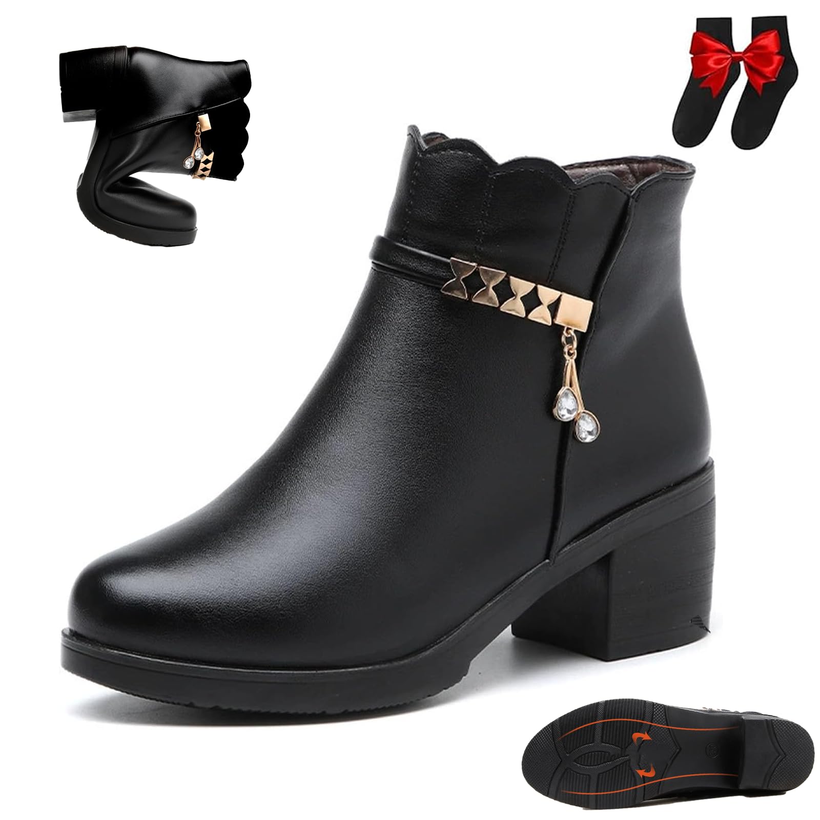 Womens Genuine Leather Wool Orthopedic Boots Winter Warm Slip On Fur Lined Block Heel Snow Booties Leather Sparkling