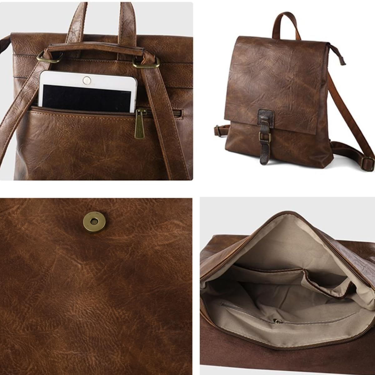 Damen Rucksack Leder Modische Mittelgroß mit Diebstahlschutz, Umhängetasche aus Echtem Leder Handtasche 3-in-1 für Uni Arbeit Schule Reise
