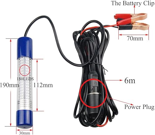 Miniatura 3 de Luz de pesca subacuática 1600 lúmenes 12 V 24 V 10.8 W 180 LED sumergible luz de muelle atractantes con clip de batería y enchufe de alimentación
