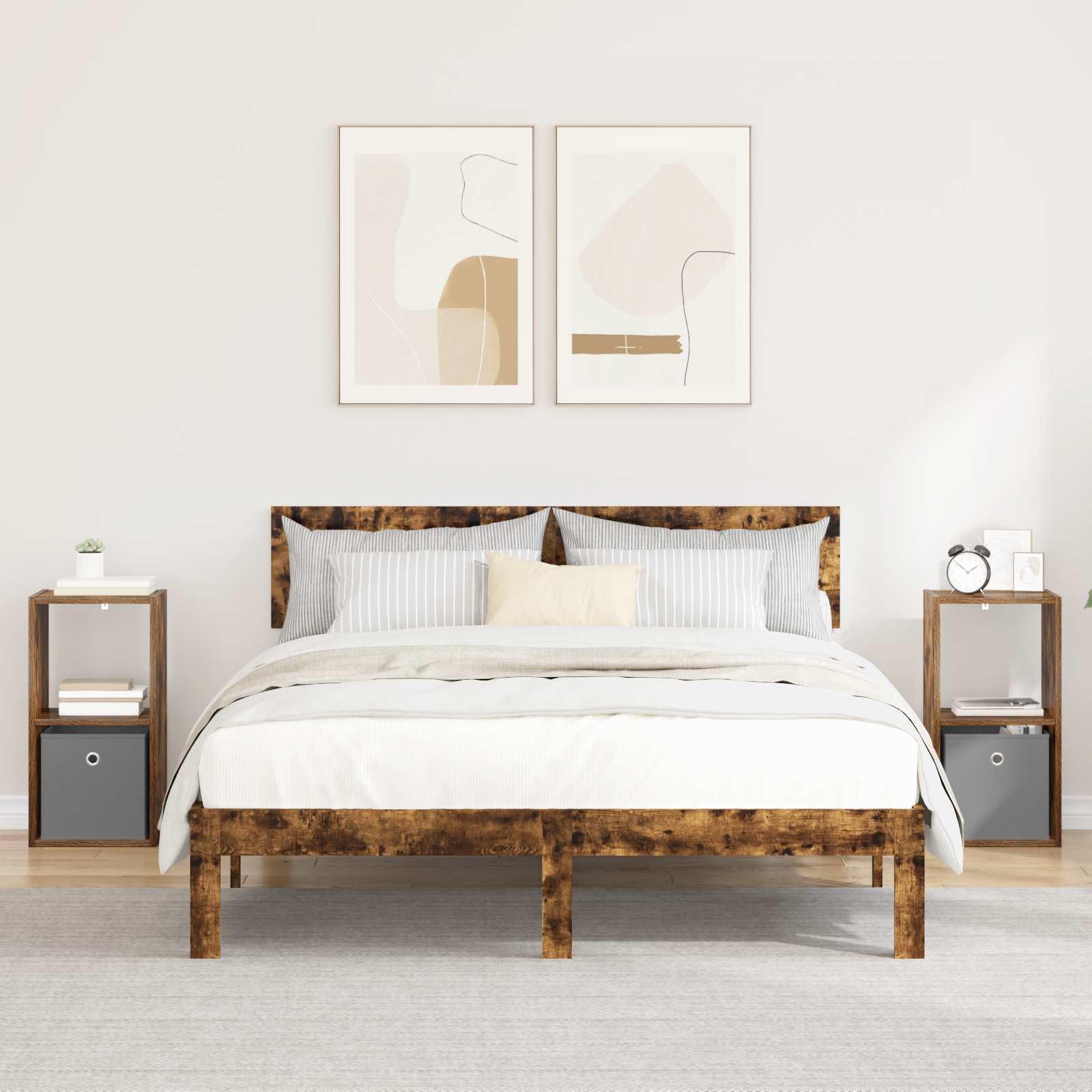 Table de chevet chêne fumé lot de 2 avec tiroir et étagère, table d'appoint de chambre moderne