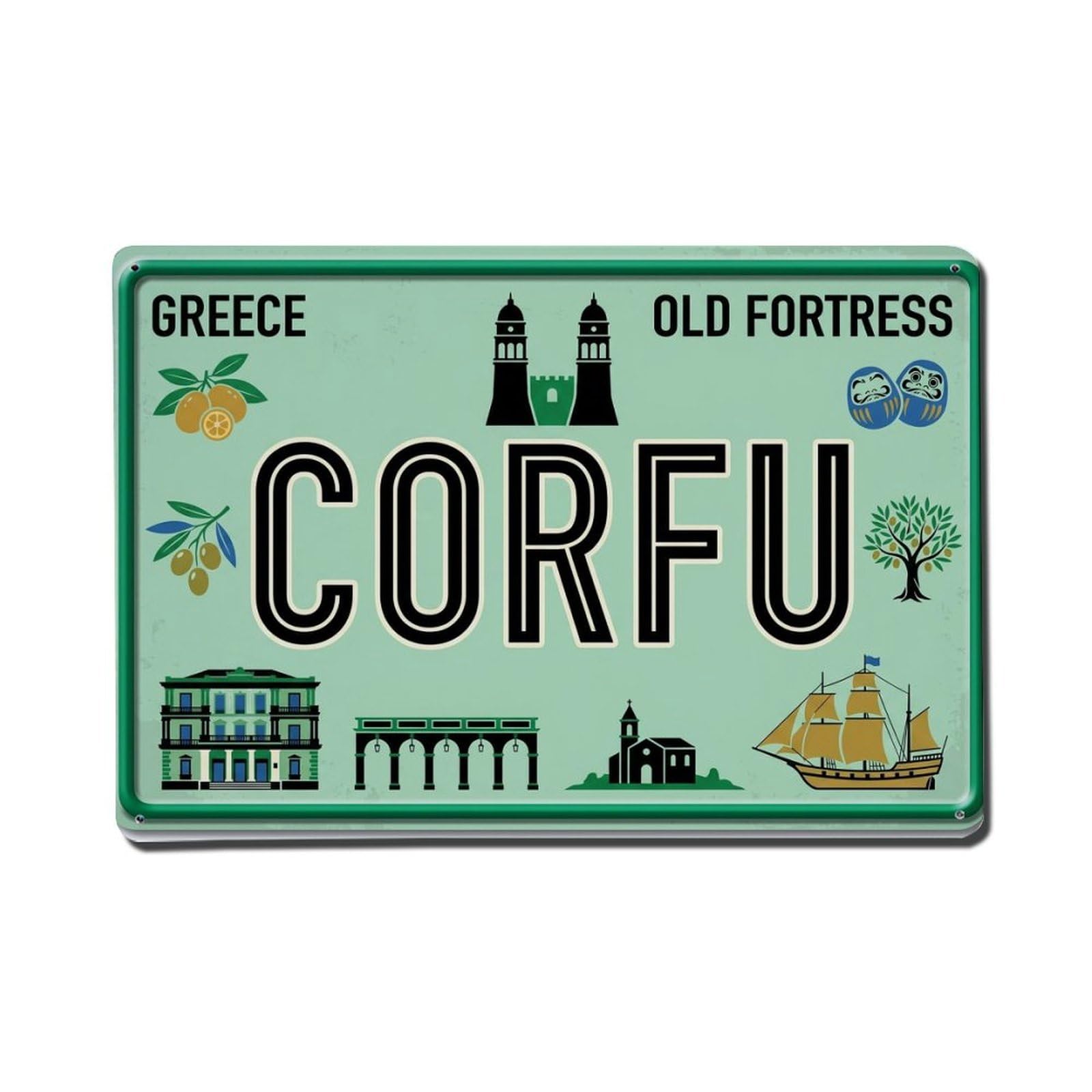 Xanthor Style Vintage Travel Corfu Old Fortress Kumquat Metal Tin Sign