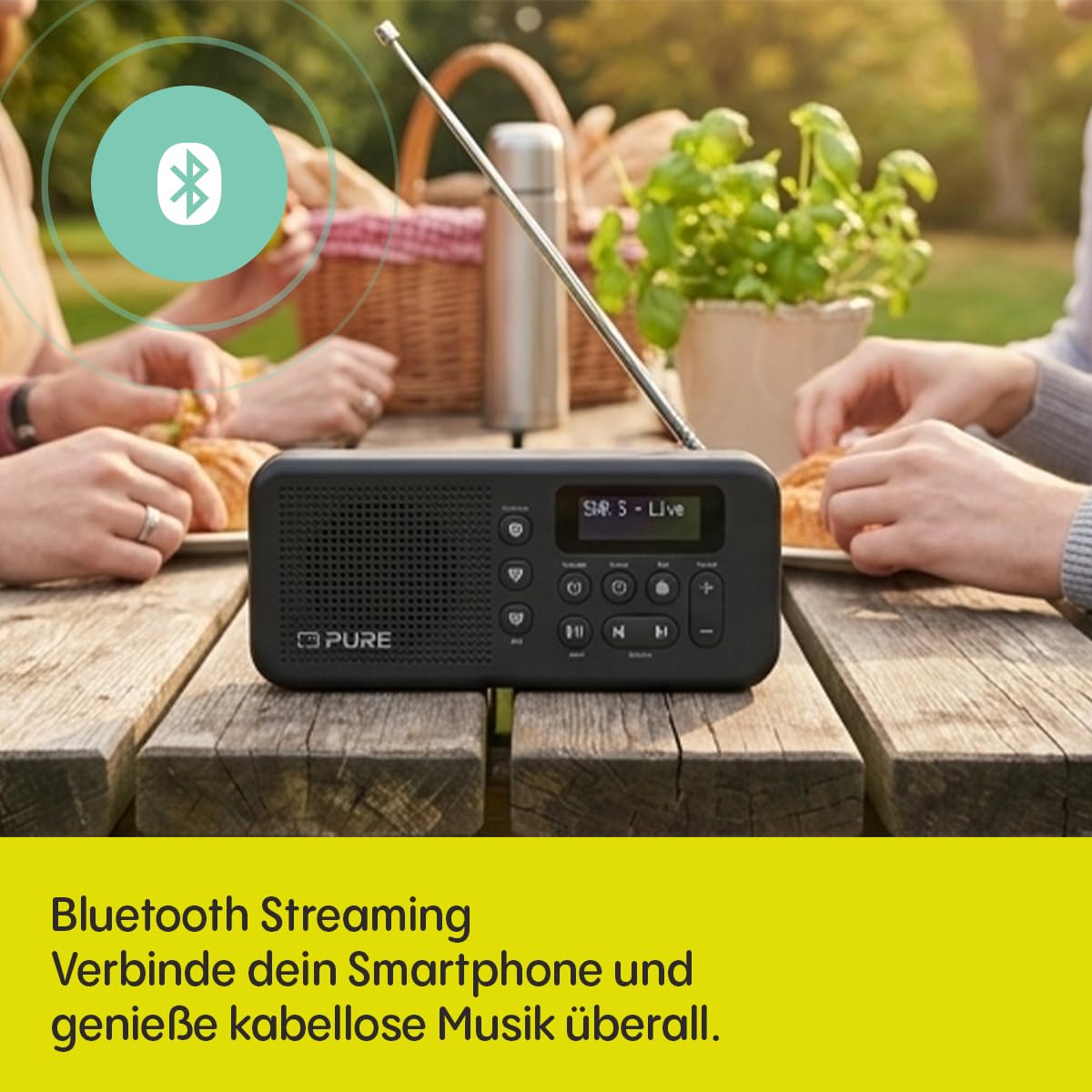 Pure Elan Move Tragbares Digitalradio DAB+ & FM mit Bluetooth 5.3, Ultra‑kompaktes Taschenradio mit Akku bis 16 Std, portables Radio mit Kopfhöreranschluss & LCD‑Display – Schwarz