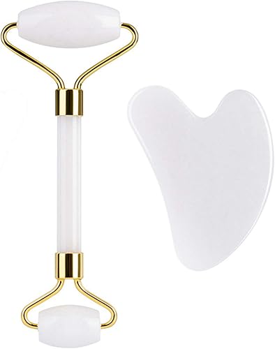 Miniatura 10 de HOTACE Juego de rodillos de jade Gua Sha, rodillo de jade de cuarzo rosa natural para belleza facial, herramientas de masajeador facial, Rosa