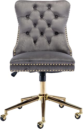 Miniatura 7 de Sillas de escritorio de oficina en casa, silla de escritorio de terciopelo beige, silla de oficina en casa, tapizada tapizada, base de metal dorado,