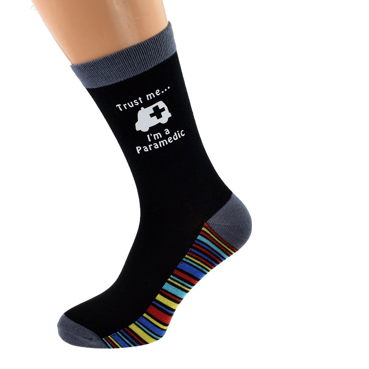 Gtr-Prestige Giftware Unisex Black Trust Me I'm A Paramedic Image Vinyl Print Stripey Sole Socks Adult Size Uk 5-12 - X6s223-044