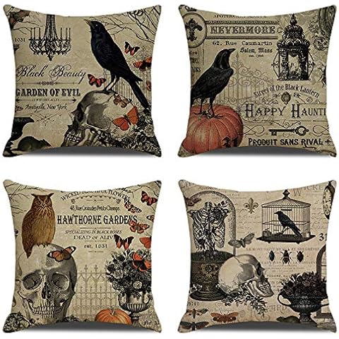 HOSTECCO Halloween Pillow Covers Set of 4 Pumpkin Skull Pillow Cases Owl Crow Linen Cushion Covers 18x18 inches Cover