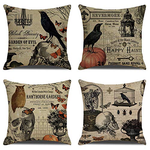 HOSTECCO Lot de 4 housses de coussin d'Halloween en lin avec motif de tête de mort, chouette, corbeau, citrouille - 45 x 45 cm Cover