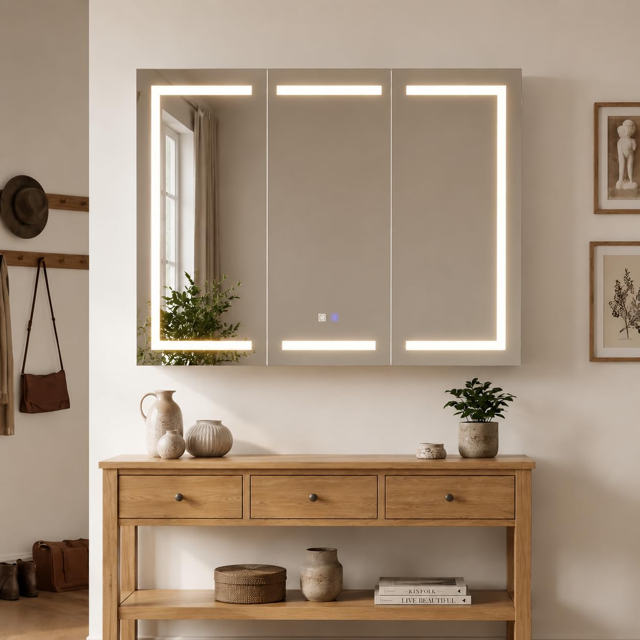 Caldion Spiegelschrank 120cm Bad mit 3 LED-Beleuchtung Entfogging-Funktion Badezimmerschrank mit 3 Spiegel Badschrank hängend mit Ablagen Wandschrank mit Glastüren 120x13x90cm Weiß