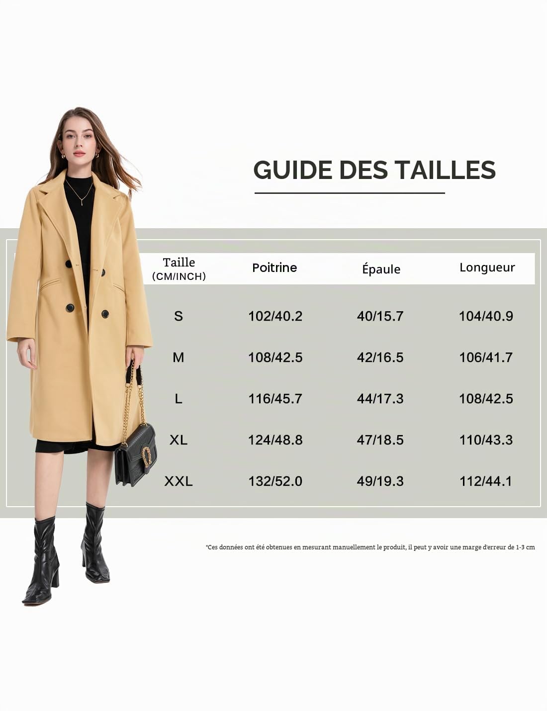 Manteau d'hiver en laine mélangée pour femme - Col à revers - Double boutonnage - Décontracté - Moyen - Long - Trench - Vestes d'extérieur