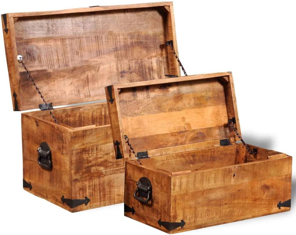 vidaXL Set of 2 Mango Wood Blanket Toy Storage Chests Boxes Trunks Home Decor