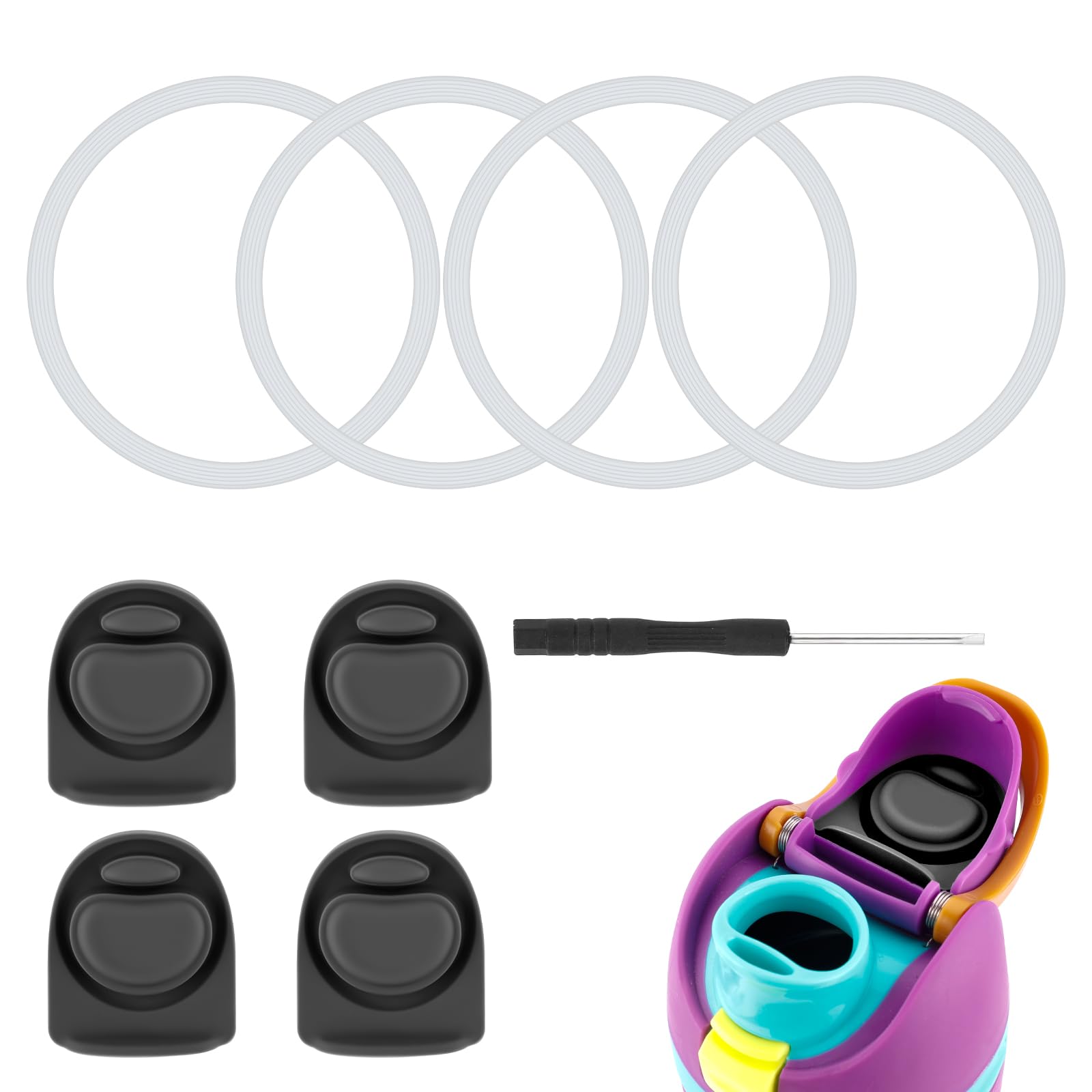 Tinoaly 4pcs Replacement Stoppers with 4pcs Bottle Seal Rings for Owala, Silicone O-Ring Water Bottle Top Cap Rubber Lid Replacement Parts for 19/24/