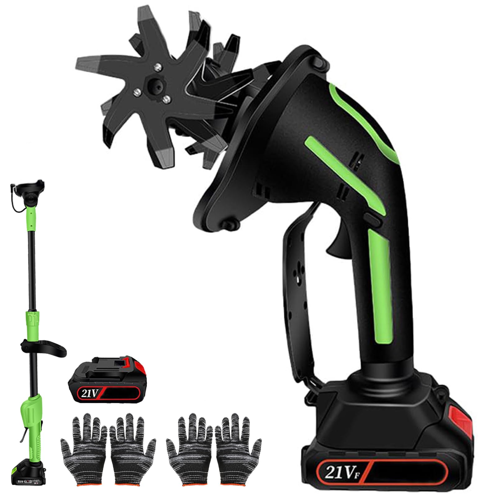 21V timón eléctrico inalámbrico, cultivador de jardín de mano con 2 baterías, 4 cuchillas de acero de manganeso para el aflojamiento del suelo, desyere y azada en invernadero, césped, pequeño patio, 1