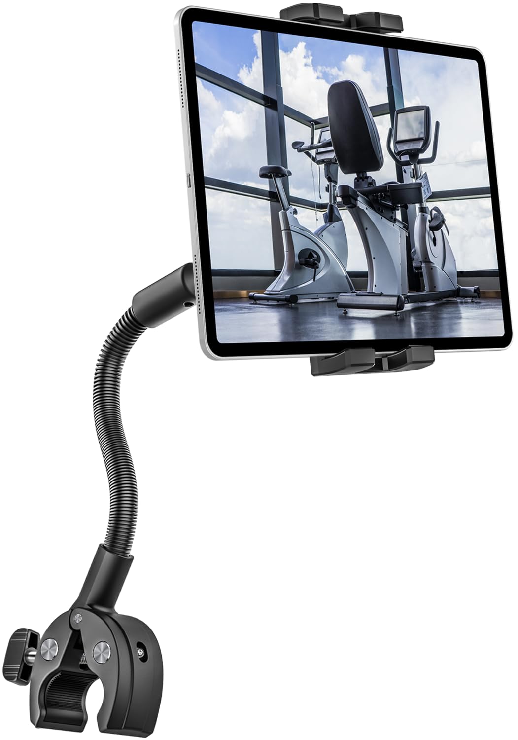 woleyi Gooseneck Treadmill Tablet Holder, Exercise Bike Handlebar Clamp for Spin Bike Peloton, Indoor Stationary Bicycle, Elliptical, Stroller for 4.7-13" iPad Pro Air Mini, Phone, Galaxy, Fire, Ebook