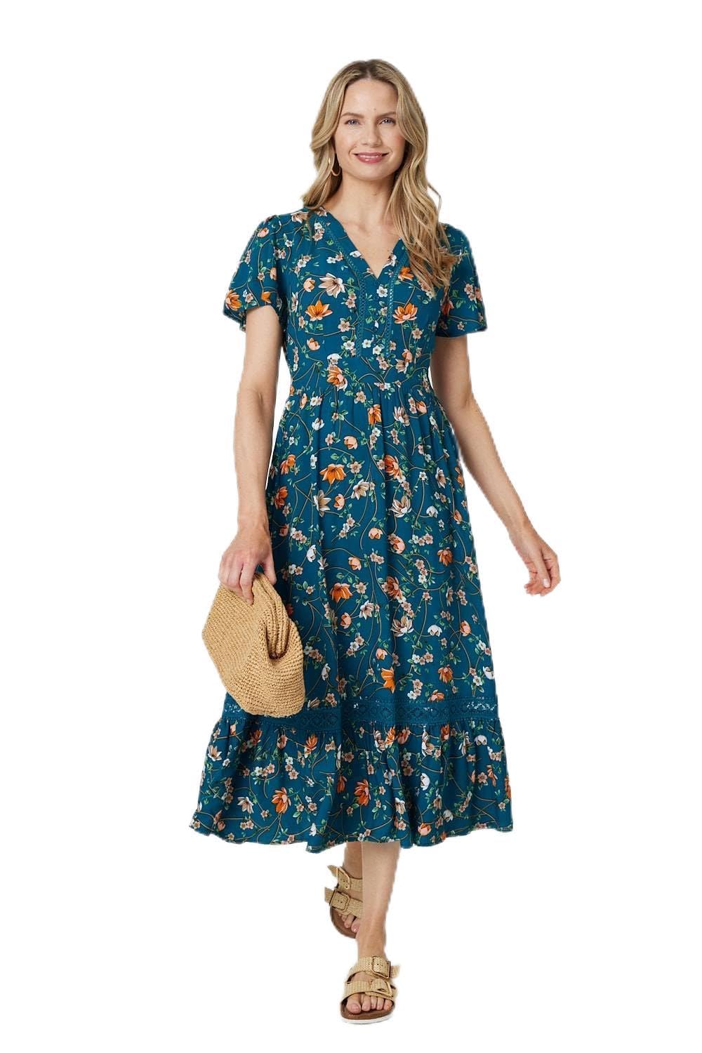 Izabel London Women's Teal. Floral Lace Trim Short Sleeve Midi Dress Made From 100% Viscose For Uk With Button Details.