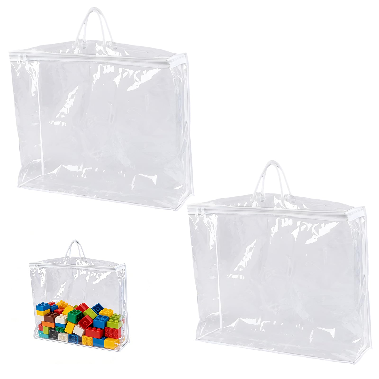 Tingliyi 2pcs Toy Storage Bags, Clear Storage Bag with Handle, Toy Storage Bags with Zipper, Large Waterproof PVC Bags for Toys Building Blocks Puzzles Small Models Board Games Books