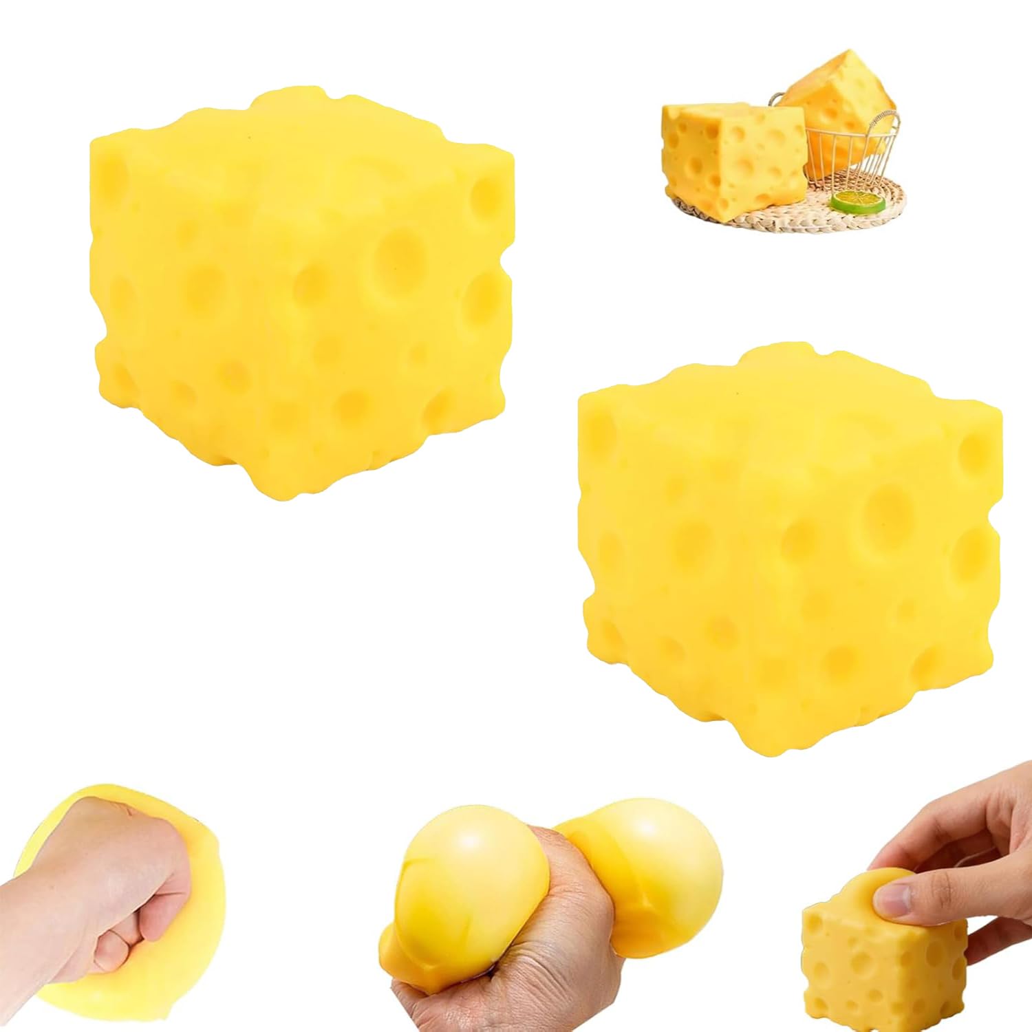 2 Stück XXL Squishy Käse Stressball – Antistressball mit Realistischer Käseform & Käselöchern, Butter Squishy Anti-Stress Spielzeug, Sicher & Ungiftig für Erwachsene und Kinder